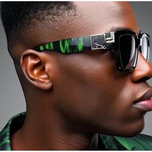 Men's Square Frame Sunglasses Green Fashion Shades Hip Hop Cholo Dark Black Lens